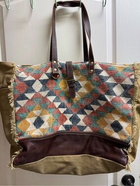 Woven Geometric Canvas Weekender Bag with Brown Trim
